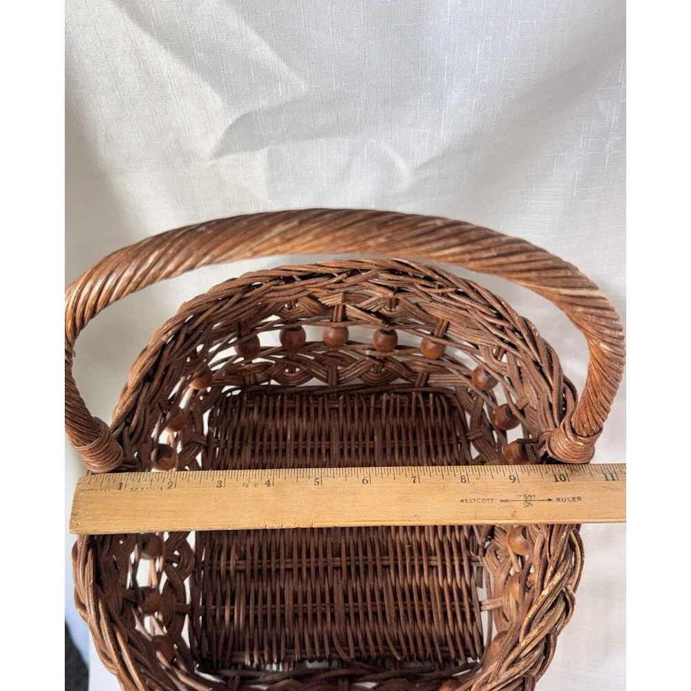 Vintage Hand Woven Basket Wicker 11 Brown Gathering Basket with Handle